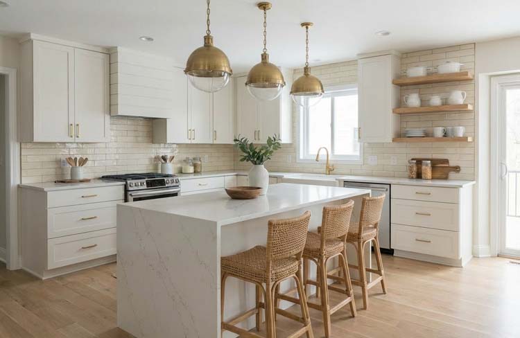 white horseshoe u-shape kitchen white colors